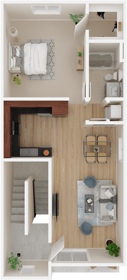 Floor plan for 1 bed, 1 bath, 717 sqft